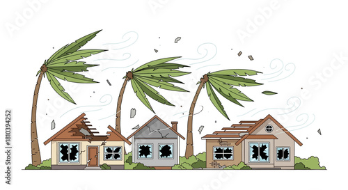 Animated depiction of hurricane damage impacting homes and disrupting palm trees