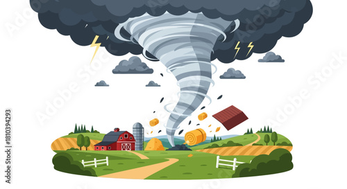 Cartoon illustration showcasing a powerful tornado sweeping through a farmland landscape showing