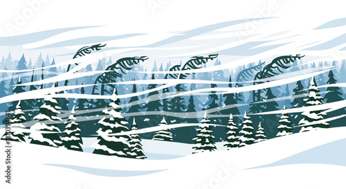 Serene winter landscape with coniferous trees covered in snow and gentle, swirling winds creating