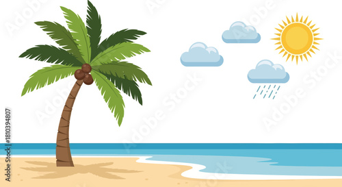 Tropical beach scene featuring a palm tree, blue sea, bright sun and scattered clouds creating a