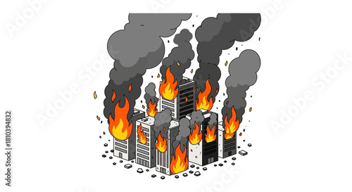 Illustration of buildings engulfed in flames with thick smoke rising ominously above the skyline