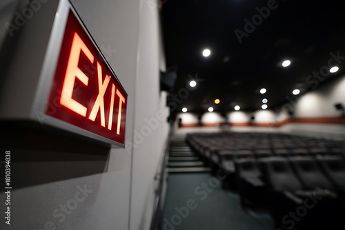 Find your way with a glowing red exit sign in a darkened auditorium, ideal for safety guidelines, theater productions, and emergency planning in public spaces