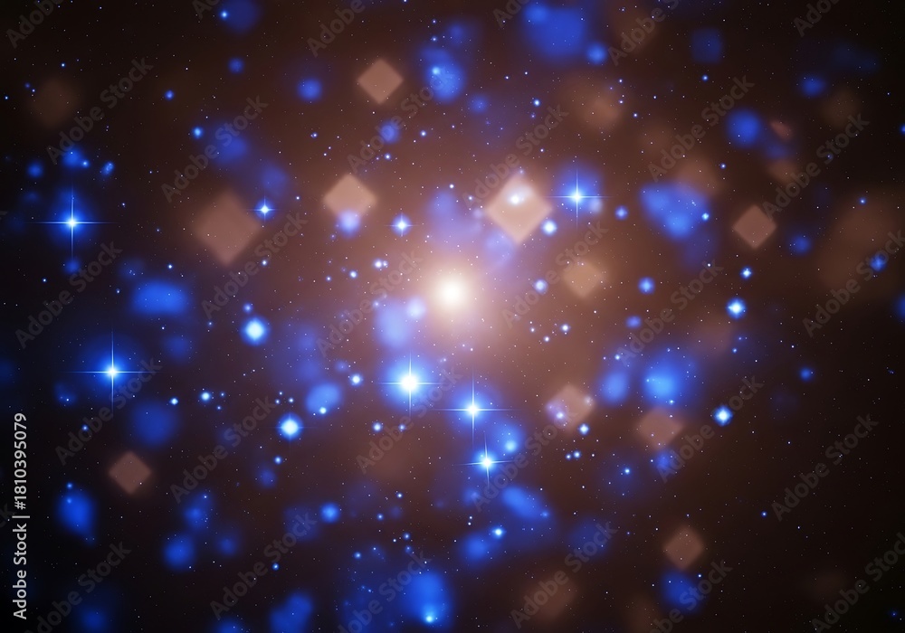 Fototapeta premium Abstract glowing blue stars and squares in a cosmic dark brown space