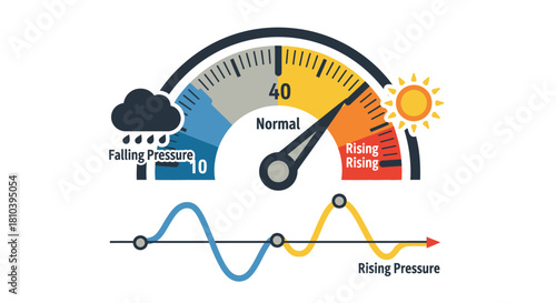 Atmospheric trends illustrated, displaying weather patterns and pressure shifts, forecasting the