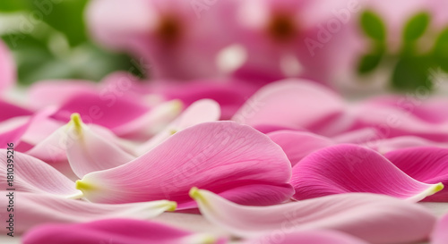 Close up of vibrant pink flower petals scattered on a surface