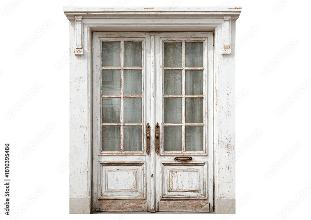 Fototapeta premium Distressed white double doors with window panes, aged wood