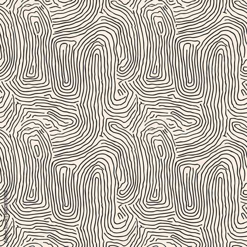 Vector seamless pattern with fingerprint flowing forms. Abstract monochrome texture background with wavy organic shapes, fluid design. Black and white. Repeated design for textile, print, wallpaper