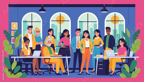 Happy diverse business team posing in a stylish modern office environment