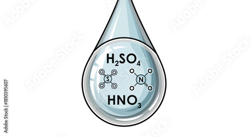 A detailed illustration of a water droplet showcasing chemical formulas and atomic structures with