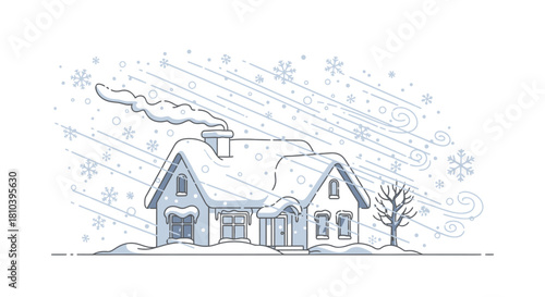 Cozy winter cottage covered in snow with smoke rising on a blustery day  scene