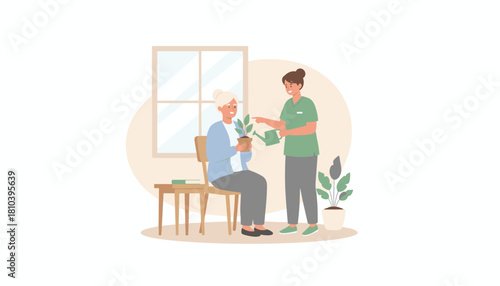 Caretaker helps a smiling senior woman water a houseplant indoors Home healthcare and companionship concept