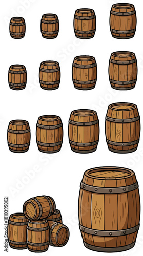 Different sizes of wooden barrels for storage or decoration in various shapes and styles gaming assets transparent background vector set 