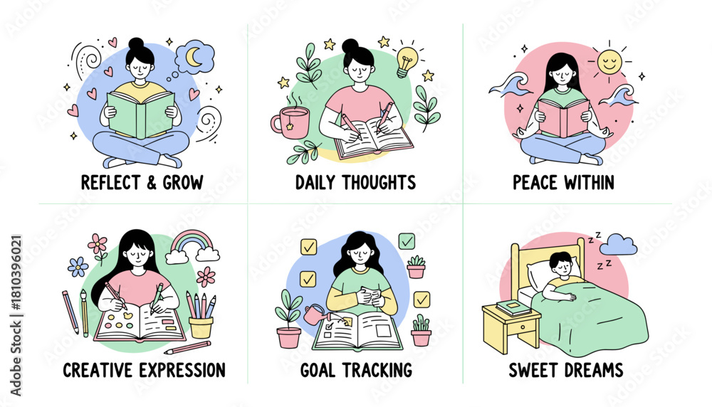 Fototapeta premium Daily wellness icons reading journaling creative expression goal tracking and sleeping routines
