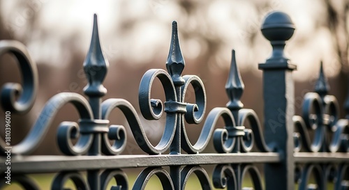 Intricate wrought iron fence detail, blurred foliage backdrop elegance, design