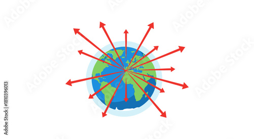 Global influence represented by a stylized earth with radiating red arrows communication or