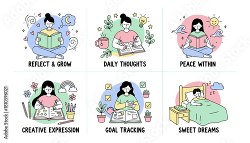 Daily wellness icons reading journaling creative expression goal tracking and sleeping routines