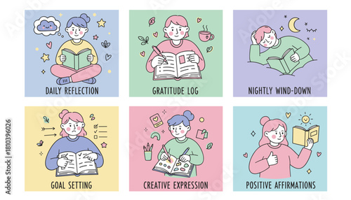 Mental wellness and selfcare routine illustration set reflection gratitude goals and positive habits