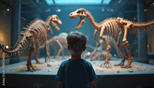 Young boy observes dinosaur skeletons at museum Child explores paleontology, learns about extinct species. Student is fascinated by natural history. Kid looks at fossil bones in science center.