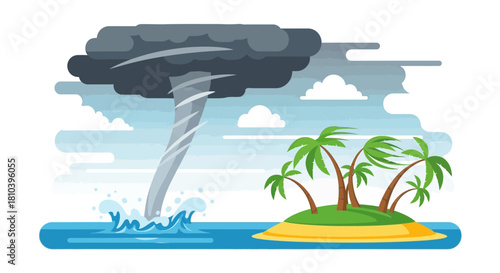 Stylized hurricane approaching small tropical island with swaying palms illustration