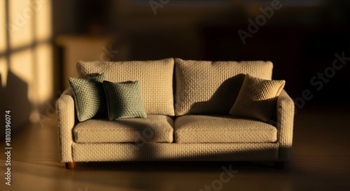 Miniature woven sofa basking in the glow of warm light creating inviting mood and a cozy home interior scene