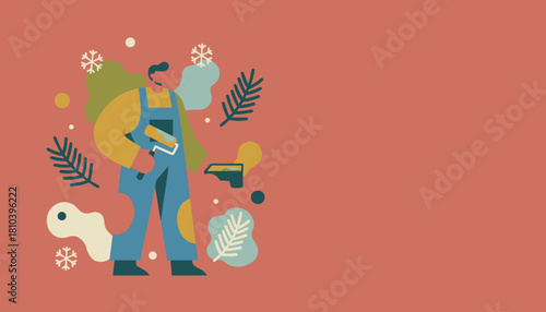 Professional painterworker in overalls with roller and winter decor Home renovation vector concept