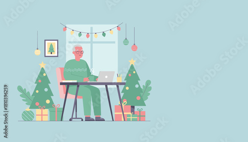 Elder man working remotely on laptop in a festive Christmas home office setting