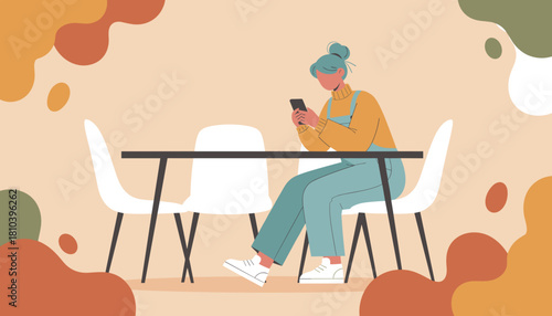 Young woman scrolling her smartphone at a minimalist table representing digital lifestyle and connection