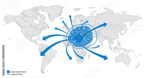 Global impact of winter storms map indicating cold air flow patterns across continents