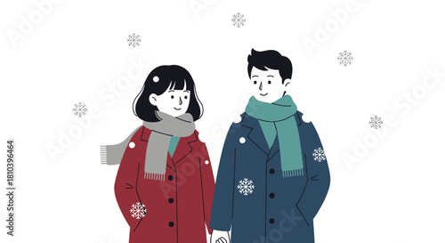 Winter romance: couple sharing a sweet moment amidst snowfall illustration style