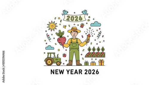 Farmer celebrating New Year 2026 with produce and fireworks Agriculture harvest and future growth