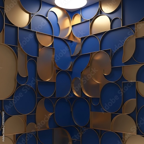 Modern abstract geometric wall art with blue and golden shape elegance