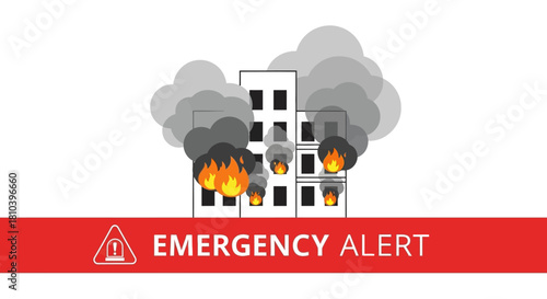 Crisis unfolds: an emergency alert issued during a structural fire with heavy smoke and flames