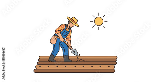 Diligent farmer with shovel cultivates soil under warm sun for sustainable agriculture