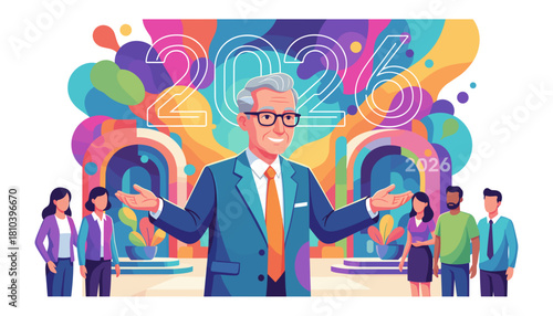 Business leader welcomes 2026 success with diverse team presentation Colorful illustration