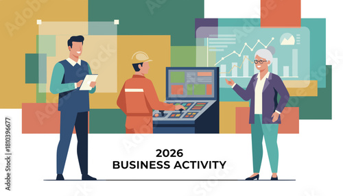 Diverse business team analyzing production data and strategy for 2026 activity