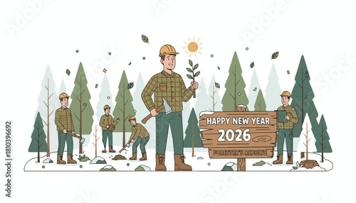 Happy New Year 2026 Foresters planting trees promoting sustainability and conservation