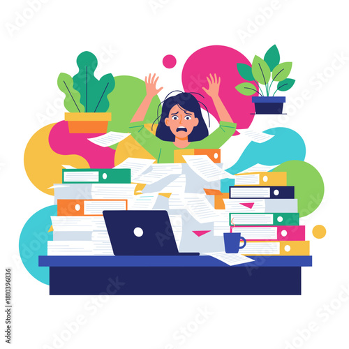 Stressed woman overwhelmed by huge pile of paperwork and deadlines