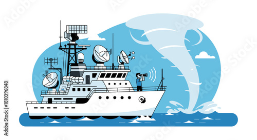 Research vessel monitors a powerful waterspout, scientific observation at sea near stormy weather