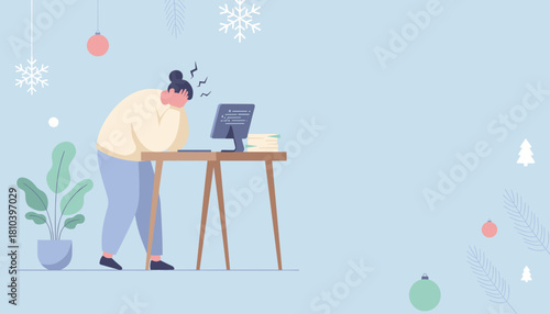 Deadline stress during Christmas Worker suffers professional burnout at desk with computer