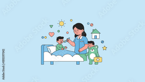 Caregiver administers medicine to sick child in bed Pediatric home care and recovery illustration