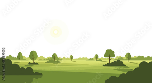 Serene minimalist landscape illustration featuring a lush meadow and sunlight serenity
