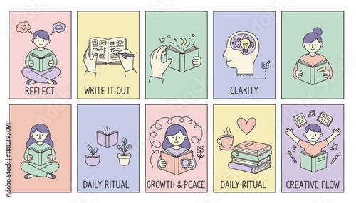 Minimalist illustrations of daily habits selfcare routines reading journaling and personal growth concepts