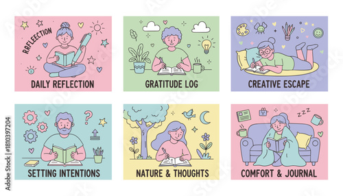 Cute pastel illustrations of selfcare and mental health activities daily reflection journaling and gratitude logs
