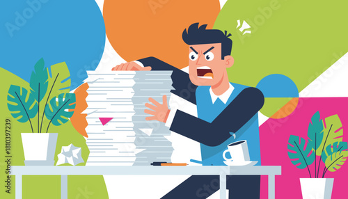 Overwhelmed businessman struggling with a massive stack of papers job stress and bureaucracy concept