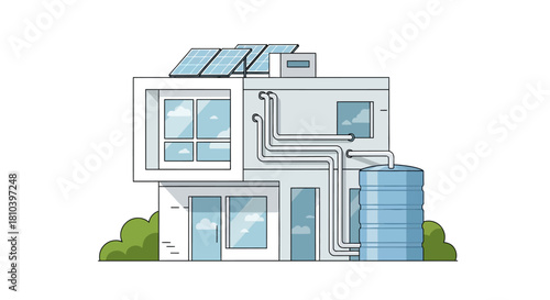 Modern sustainable home illustration featuring solar panels and rainwater harvesting system design