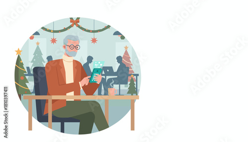 Senior man working on a smartphone in a festive office setting during the winter holidays