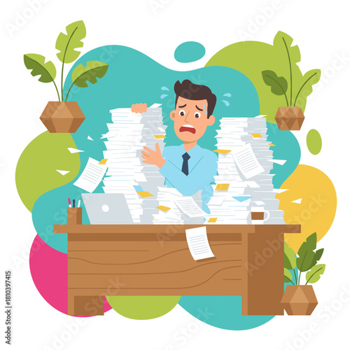 Stressed worker buried under mountains of documents dealing with high workload and bureaucracy