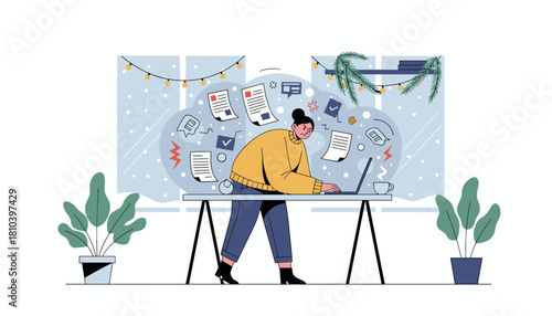 Deadline stress Frustrated woman dealing with chaos paperwork and heavy workload