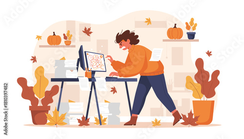 Stressed worker struggles with excessive workload and tangled problems during the busy fall season