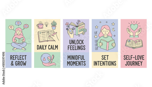 Mental health icons for selfcare reflection journaling and setting intentions